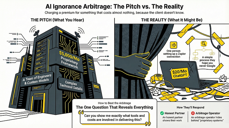 AI Image Showing AI Ignorance Arbitrage: The Pitch vs. The Reality