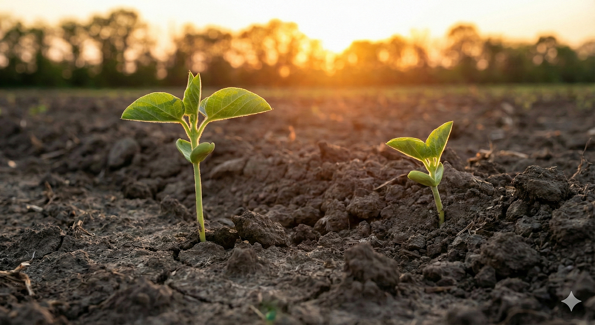 Two Seedlings Emerging from a Field Lit by Sunlight