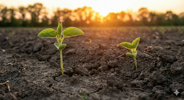 Two Seedlings Emerging from a Field Lit by Sunlight