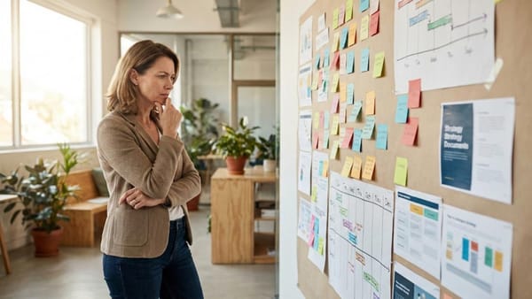 Business owner studying wall of strategy notes and project plans, searching for what will actually work